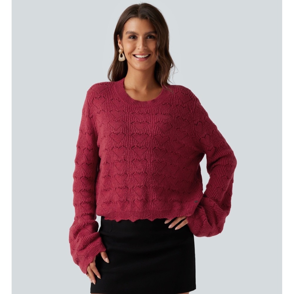 Halara Heart Pointelle Round Neck Dropped Shoulder Long Sleeve Sweater Red L NWT